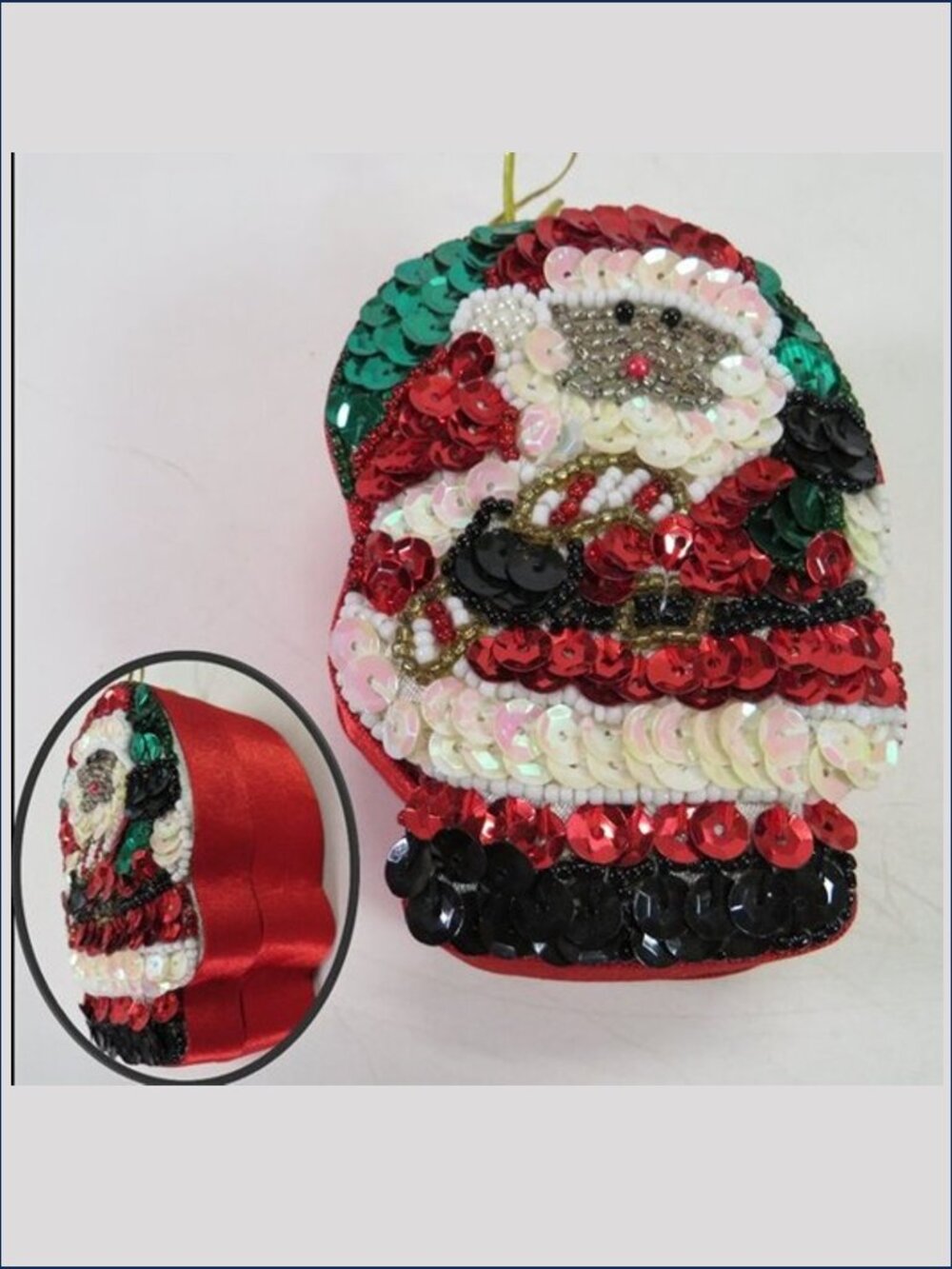 VTG Christmas Santa Sequin Satin Gift Box Ornament Beaded Dark Skinned Face